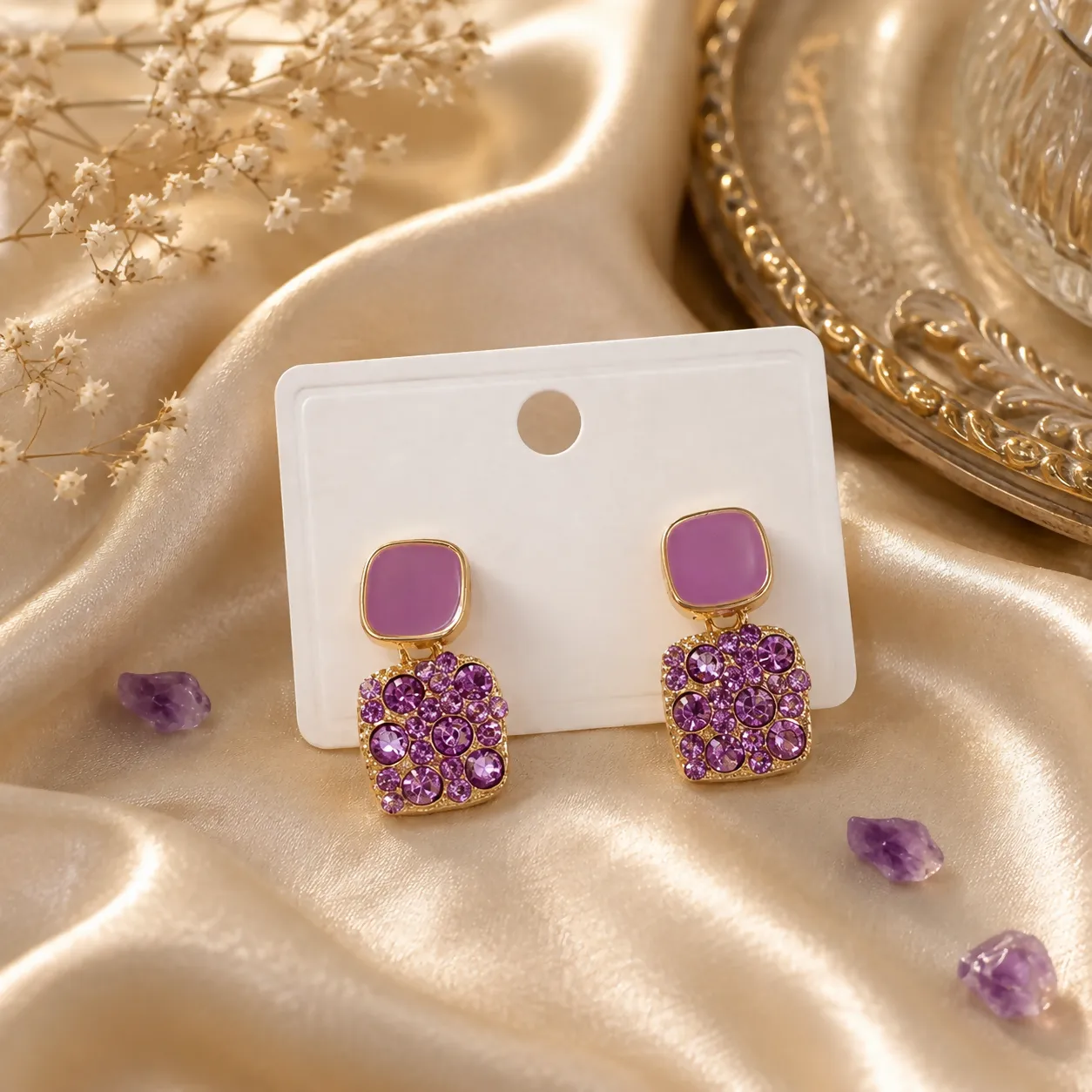 Premium Regal Purple Crystal & Enamel Square Drop Earrings – Golden-Plated Imitation Statement Studs - Buy Online at Alikart