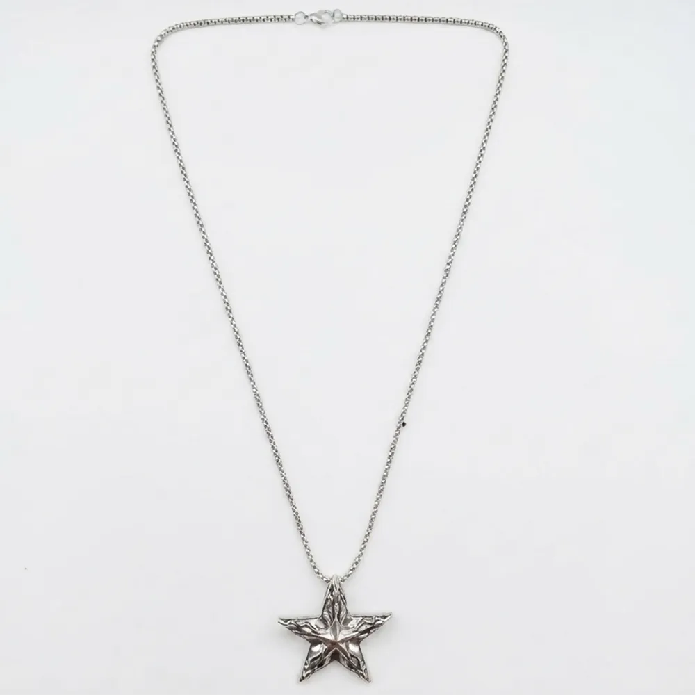 Silver Star Pendant Necklace for Men with Engraved Texture Design and Box Chain - Detailed Feature View 2
