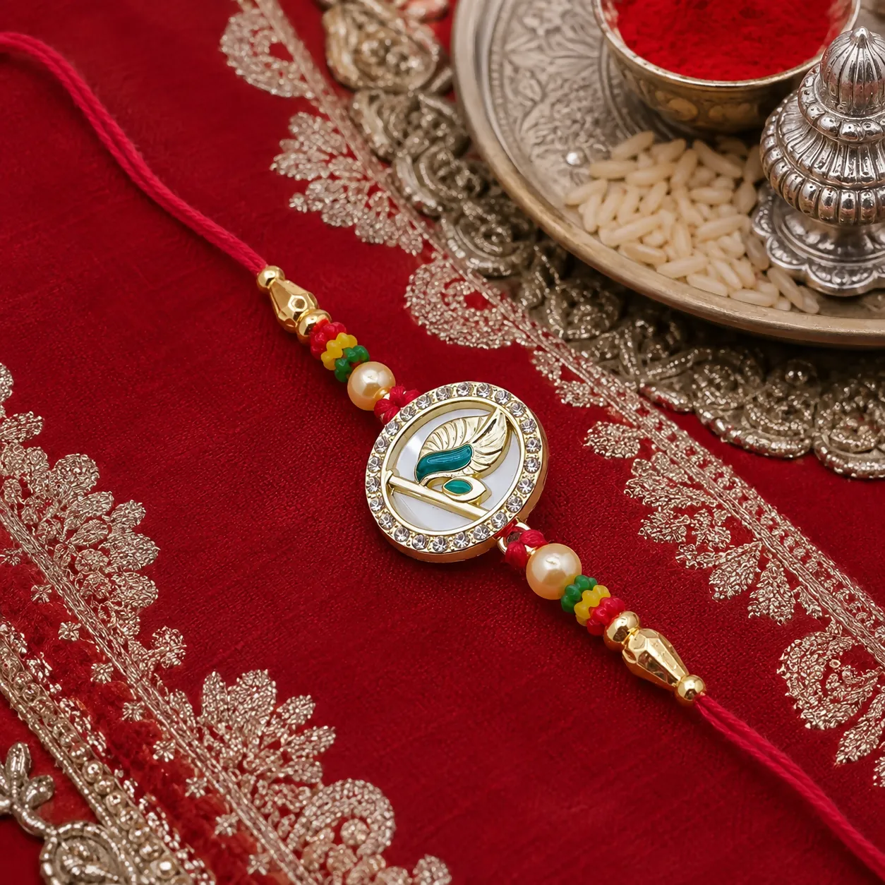 Premium Golden Mor Pankh Rakhi with American Diamond Studded Mother of Pearl Base & Beads Set - Buy Online at Alikart