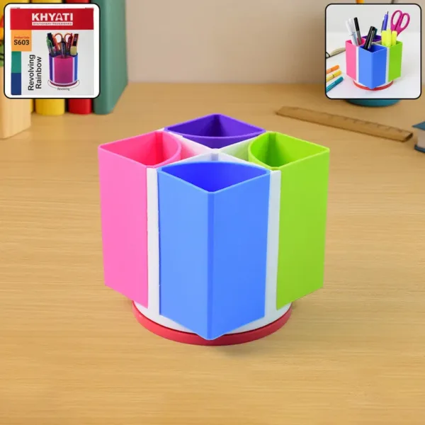 Revolving Pen Stand – 4 Compartments Multi-Color Organizer