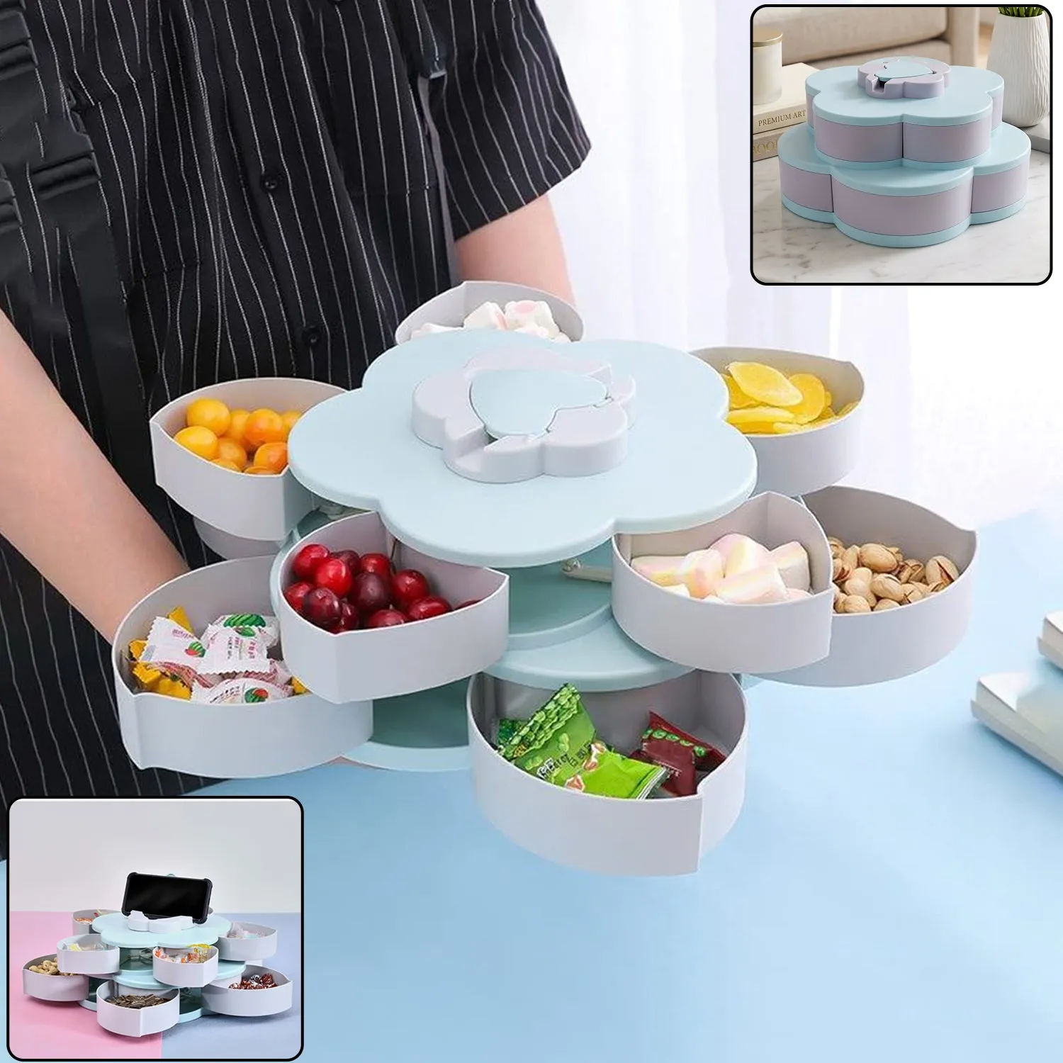 Premium Rotating Candy Dish Flower Shape Multi Section Snack Box with Phone Holder (1 Set) - Buy Online at Alikart