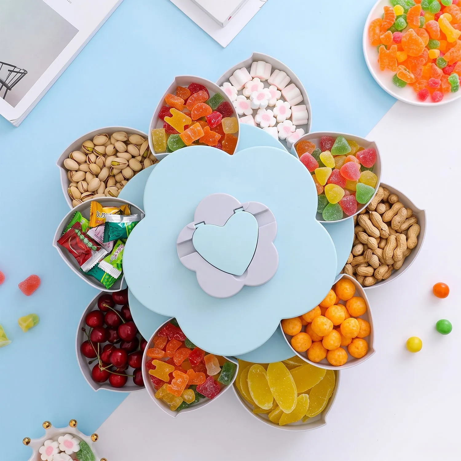 Rotating Candy Dish Flower Shape Multi Section Snack Box with Phone Holder (1 Set) - Detailed Feature View 2