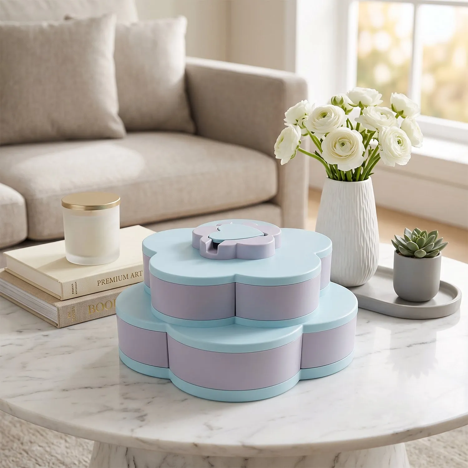 Rotating Candy Dish Flower Shape Multi Section Snack Box with Phone Holder (1 Set) - Detailed Feature View 3