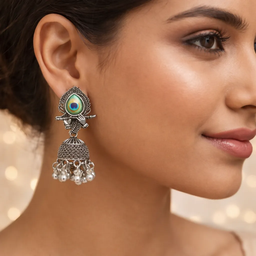 Oxidized Silver Peacock Jhumka Earrings – Traditional & Elegant - Detailed Feature View 2