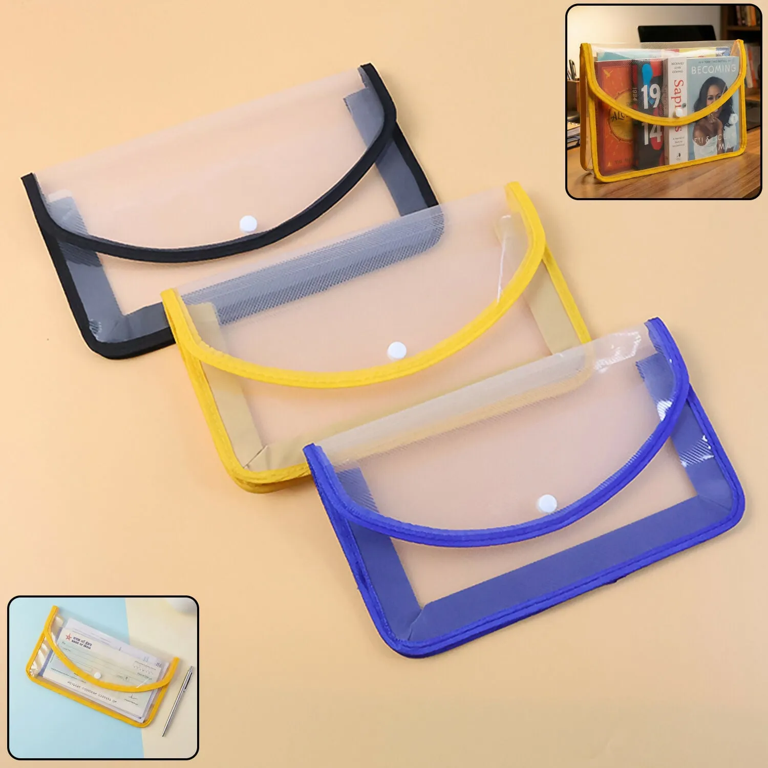 Premium Transparent Document Folder – Secure Button Closure, Multicolour - Buy Online at Alikart