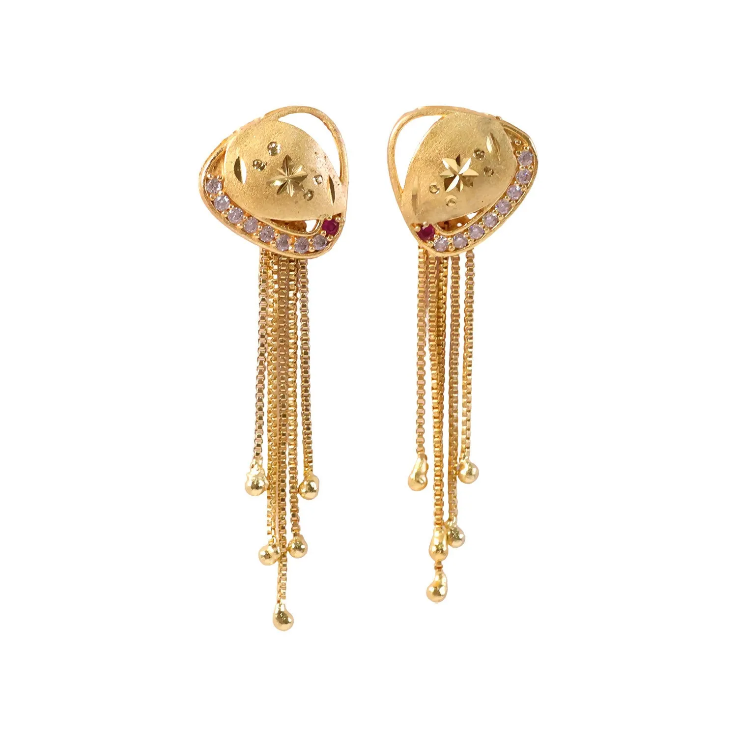 Gold Plated Shield Motif Dangle Earrings with Multi Chain Tassel Drop Design - Detailed Feature View 4