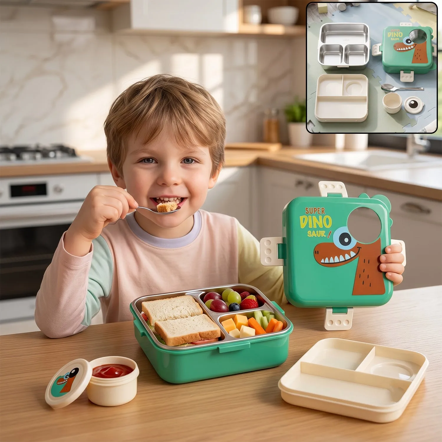 Premium steel Kids Dinosaur Lunch Box Bento Tiffin with Steel Tray Spoon Sauce Cup (1 Set) - Buy Online at Alikart