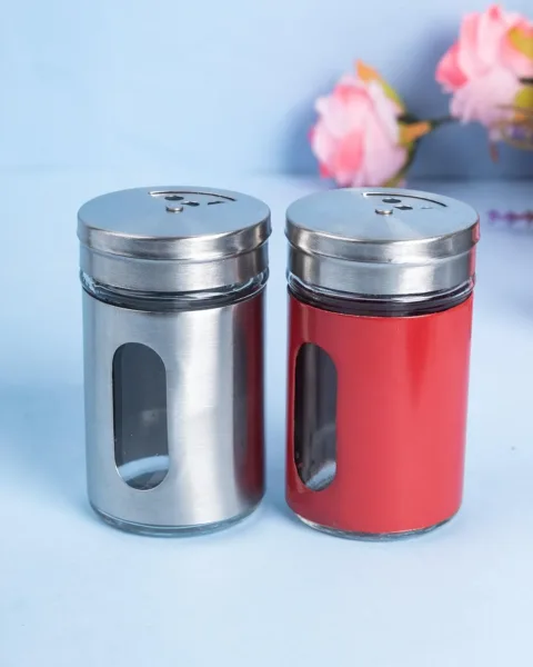 Salt & Pepper Shaker, Red & Silver, Stainless Steel, Set of 2