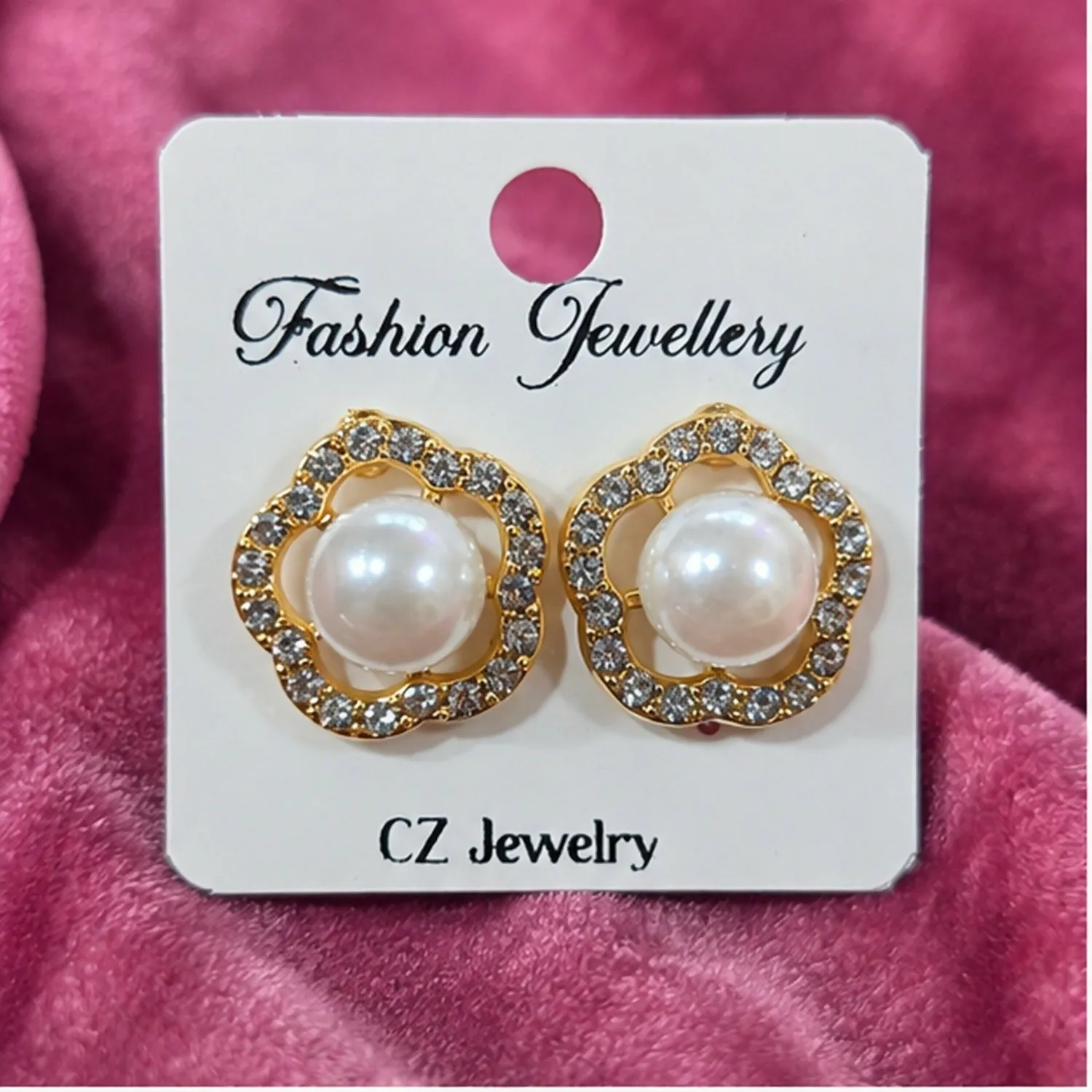 Pearl Bloom Gold-Tone Stud Earrings with Sparkling Crystal Border for Women - Detailed Feature View 3