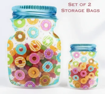 Jar-Shaped Ziplock Food Storage Bags – Airtight BPA-Free Snack & Dry Food Pouches with Donut Print (1 Big +1 Small Jar-Set of 2 PCs)