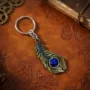 Premium Blue Stone Peacock Feather Keychain with Silver Tone Decorative Design - Buy Online at Alikart
