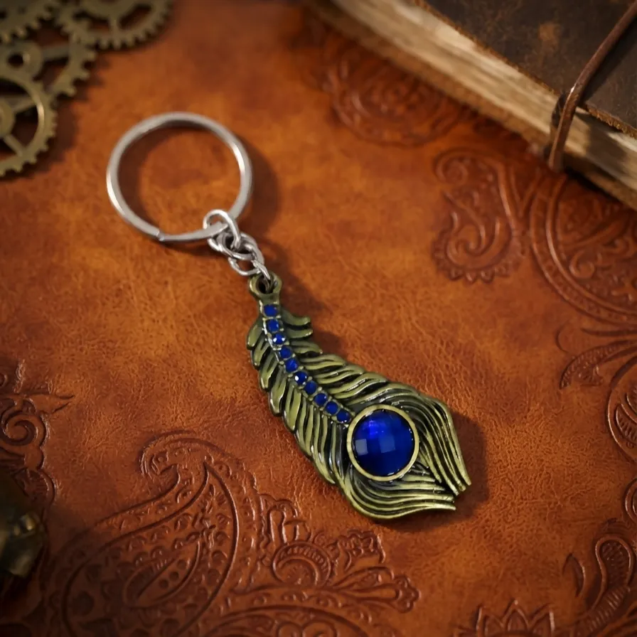 Premium Blue Stone Peacock Feather Keychain with Silver Tone Decorative Design - Buy Online at Alikart
