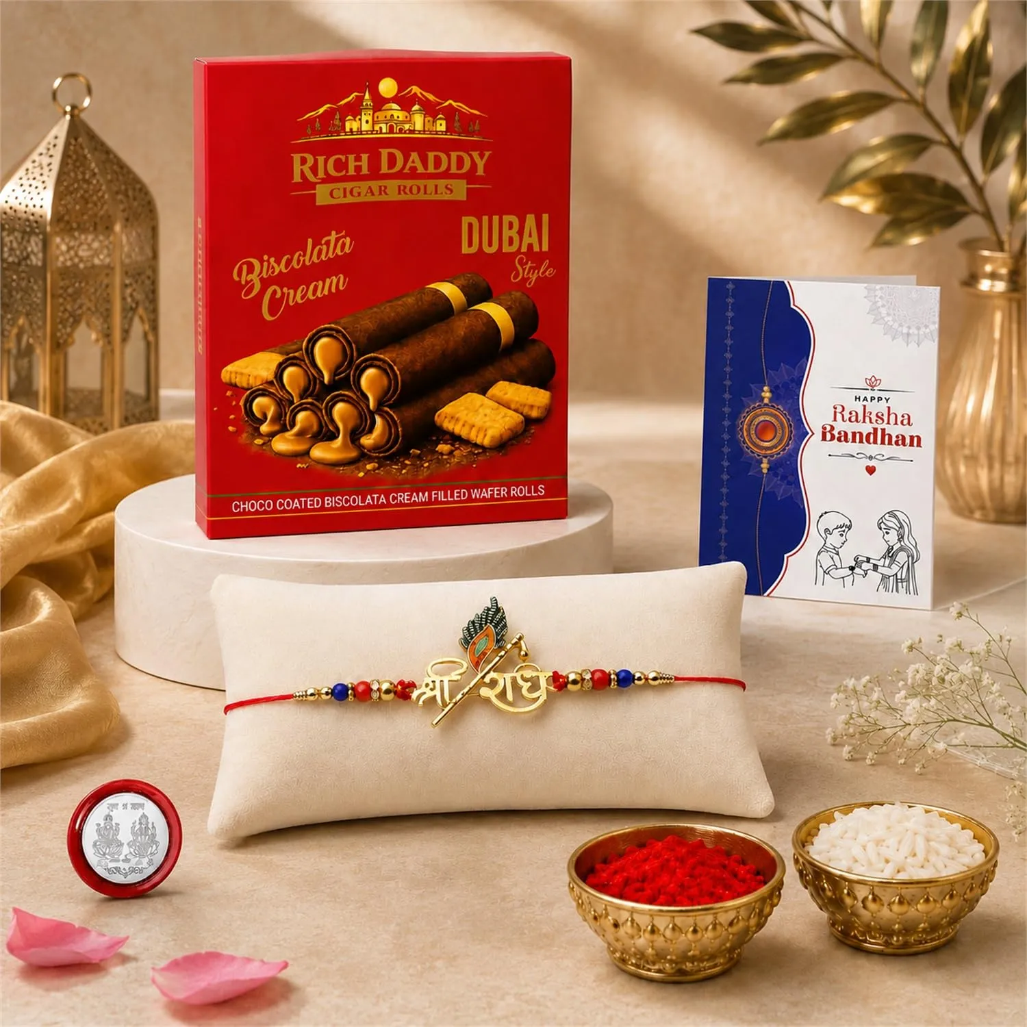 Premium Shree Radhe Rakhi for Brother with Biscolata Wafer Rolls, Coin & Card, Pack of 5 - Buy Online at Alikart