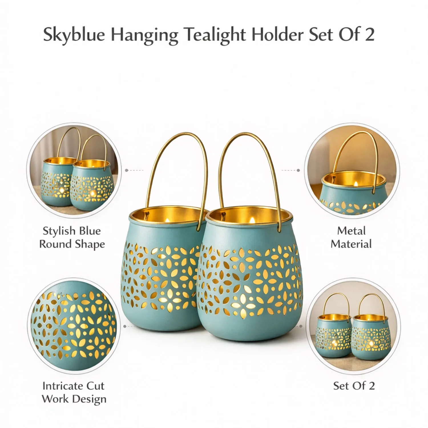 Skyblue Hanging Tealight Holder Set Of 2 - Detailed Feature View 3