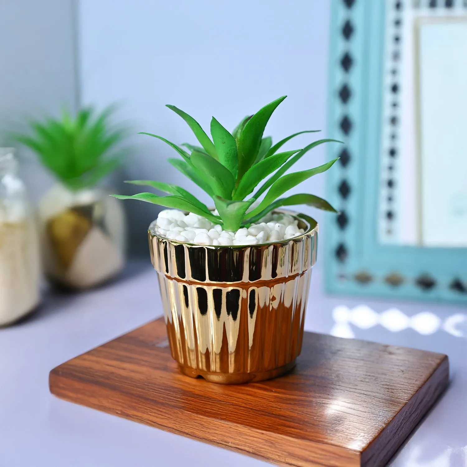Premium Sleek & Sophisticated - Stripe Design Faux Plant with Ceramic Pot - Buy Online at Alikart