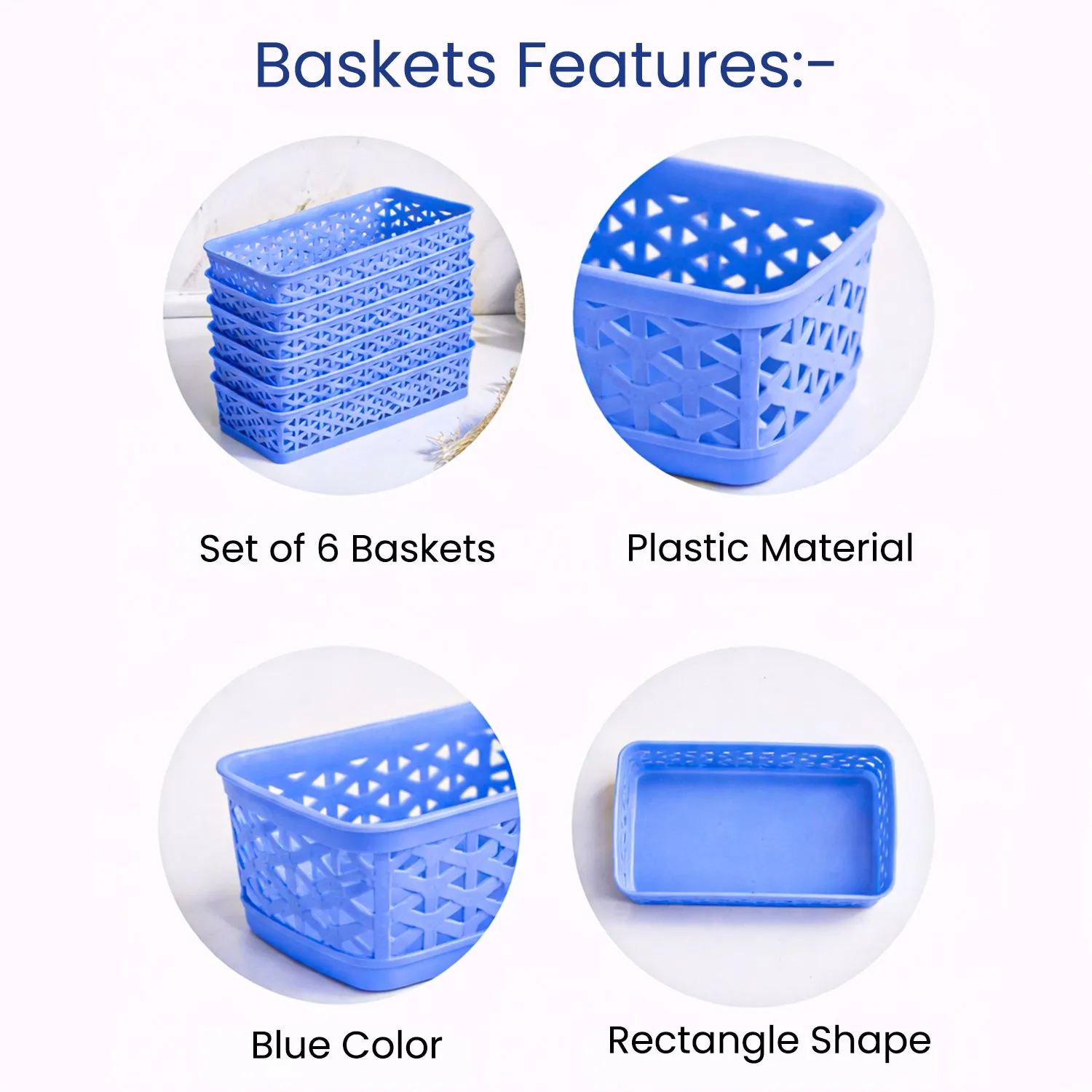 Small Plastic Multipurpose Storage Basket ( Set Of 6, Solid Blue Colour) - Detailed Feature View 3