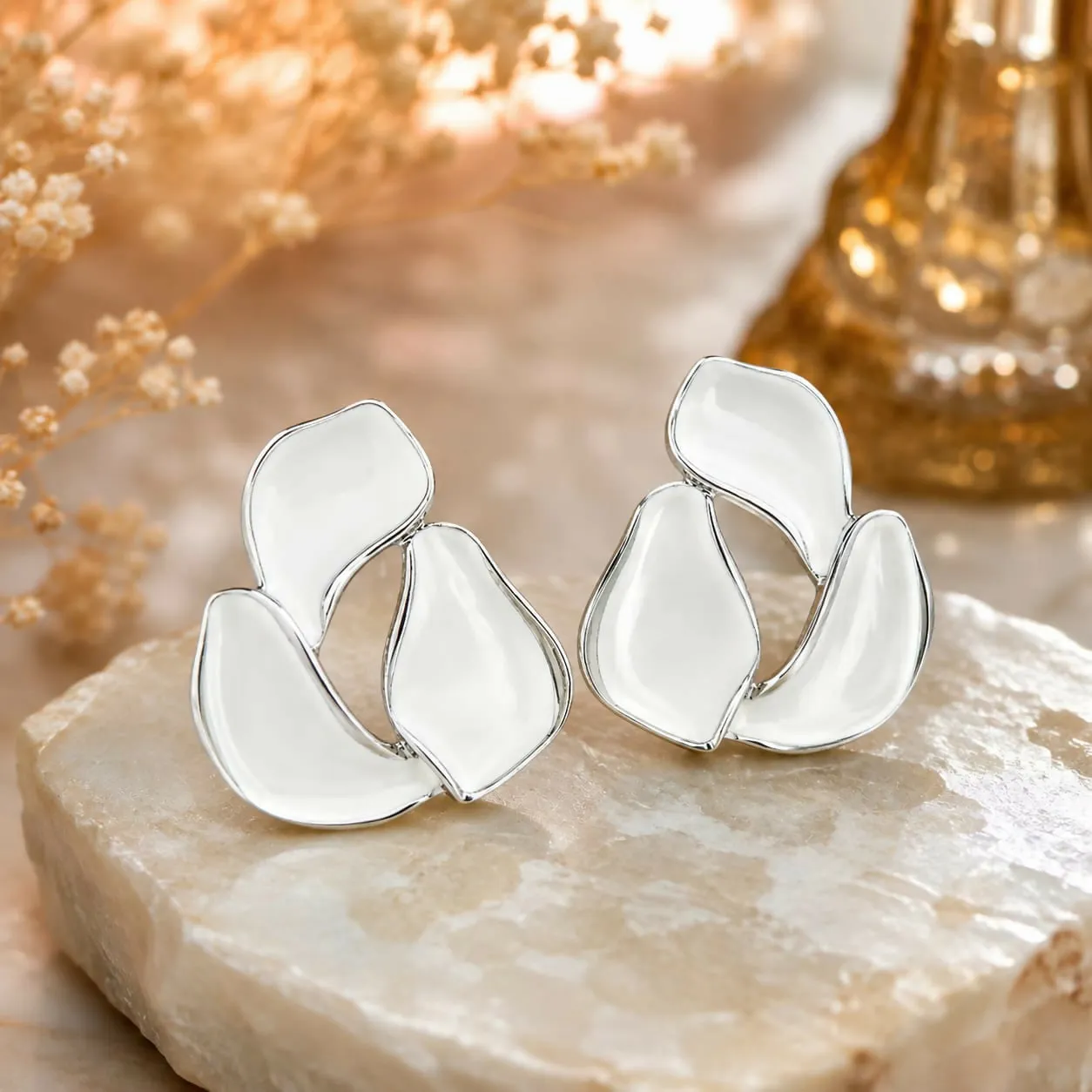 Premium Modern Silver-Tone Abstract Petal Statement Stud Earrings for Women - Buy Online at Alikart