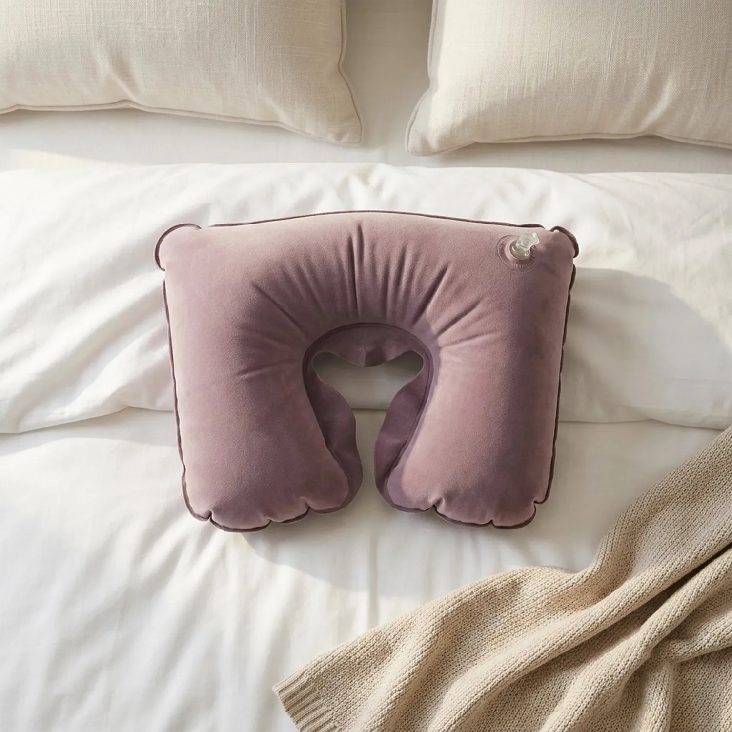 Inflatable U Shape Velvet Travel Neck Pillow for Flight Rest (1 Pc) - Detailed Feature View 3