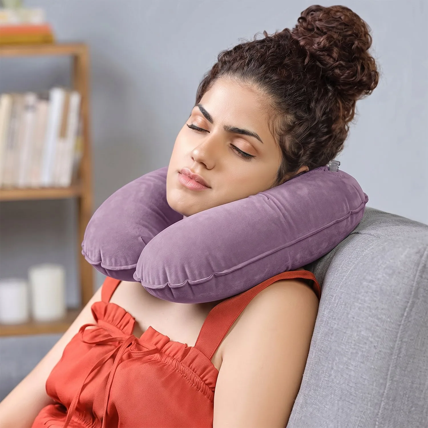 Inflatable U Shape Velvet Travel Neck Pillow for Flight Rest (1 Pc) - Detailed Feature View 5