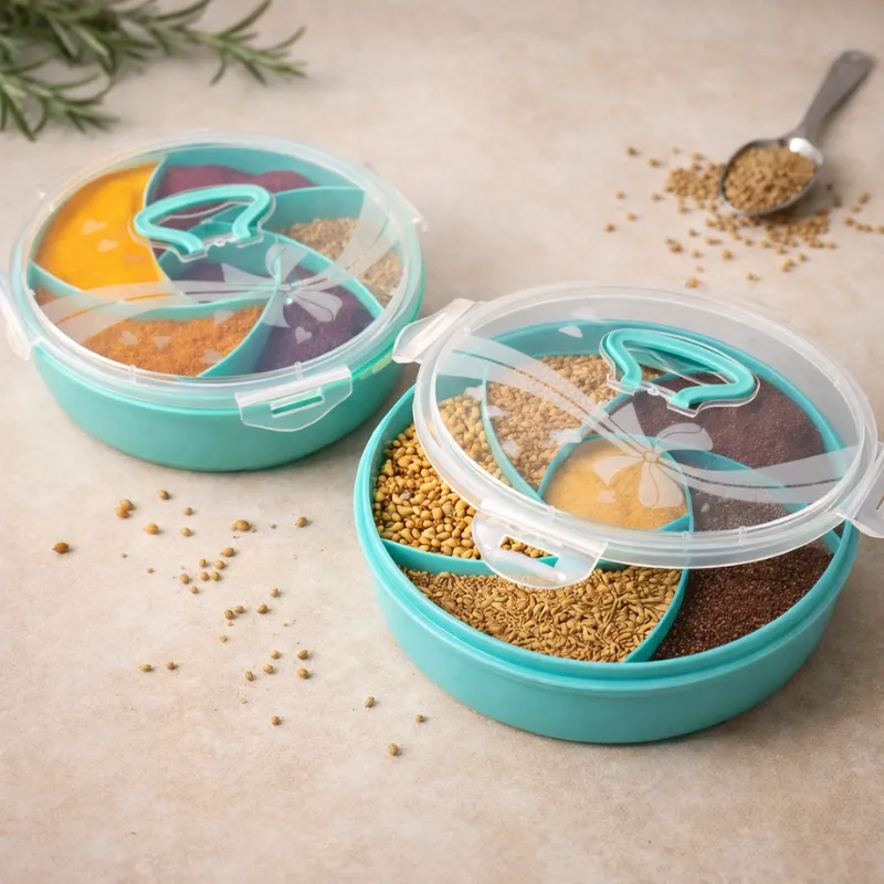 Premium Spiral Masala Box with 6 Compartments – Multipurpose Spice & Dry Fruit Storage Organizer | Food Grade Plastic (Random Color-Pack of 1) - Buy Online at Alikart
