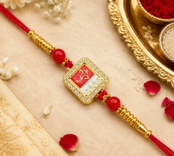 Spiritual Lord Ganesha Designer Rakhi for Brother with Rhinestone Border & Dual-Tone Enamel Dial