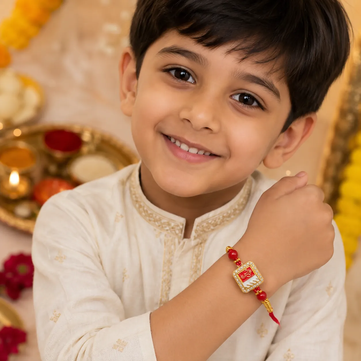 Spiritual Lord Ganesha Designer Rakhi for Brother with Rhinestone Border & Dual-Tone Enamel Dial - Detailed Feature View 1