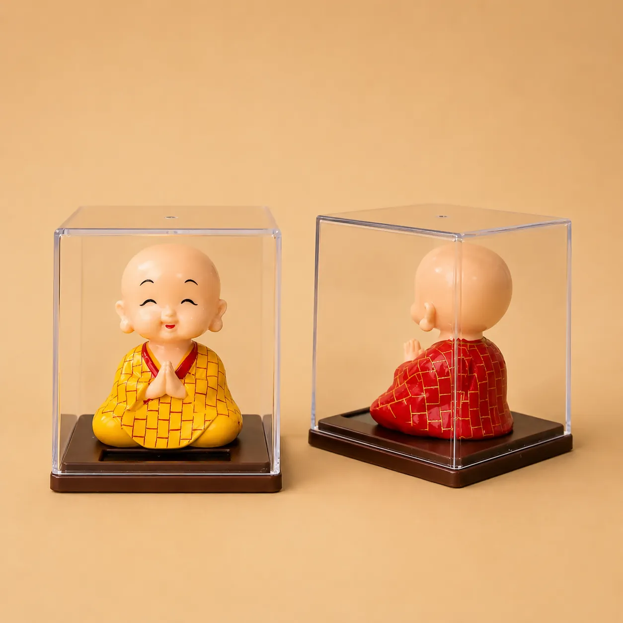 Solar Bobble Head Monk Showpiece in Acrylic Case for Car & Home Decor - Detailed Feature View 4