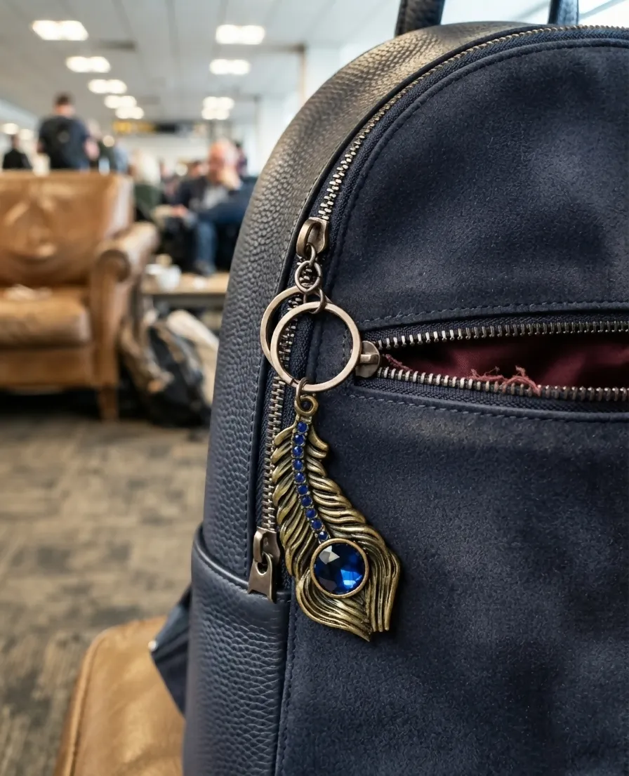 Blue Stone Peacock Feather Keychain with Silver Tone Decorative Design - Detailed Feature View 4