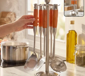 7 In 1 Stainless Steel Kitchen Tool Set with Wooden Handles and Stand (1 Set)