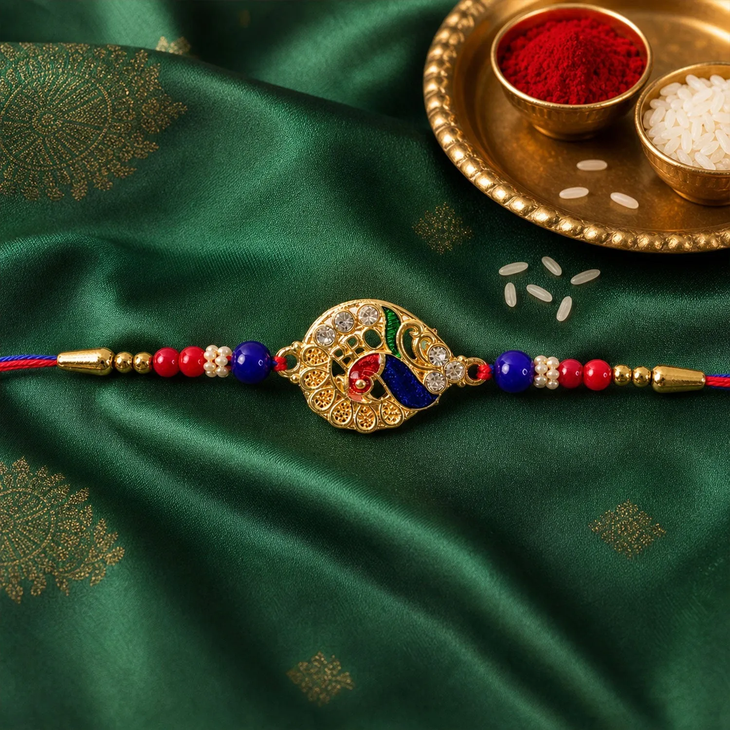 Striking Jewel-Studded Peacock Rakhi Paired with Blue-Red Beads and Tiny Pearls - Detailed Feature View 3