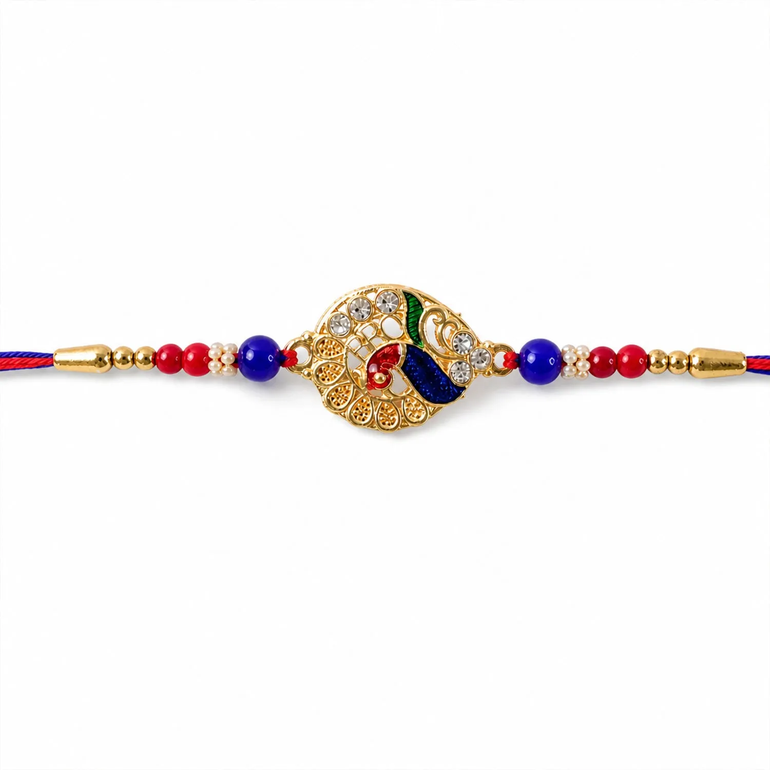 Striking Jewel-Studded Peacock Rakhi Paired with Blue-Red Beads and Tiny Pearls - Detailed Feature View 4