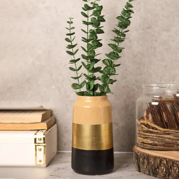 Stylish Ceramic Flower Holder Vase – Wooden, White & Golden