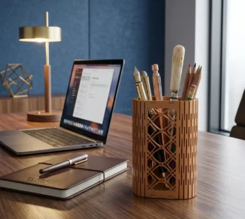 Wooden Pen Holder – Geometric Lattice MDF Desk Organizer