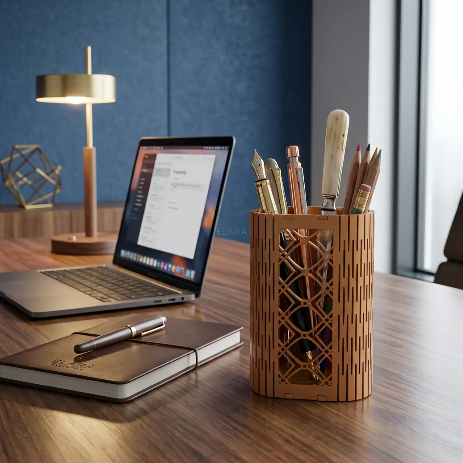 Premium Wooden Pen Holder – Geometric Lattice MDF Desk Organizer - Buy Online at Alikart