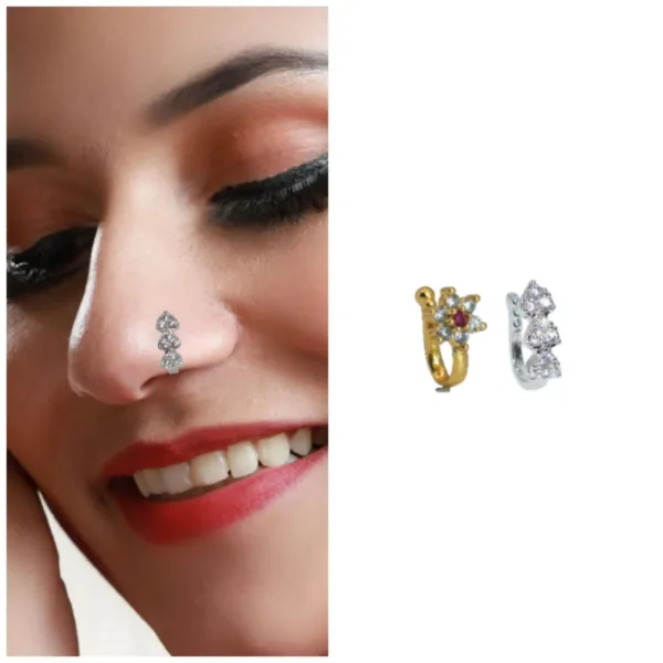 Non-Pierced Nose Rings Set – Silver Plated Floral & Heart Design