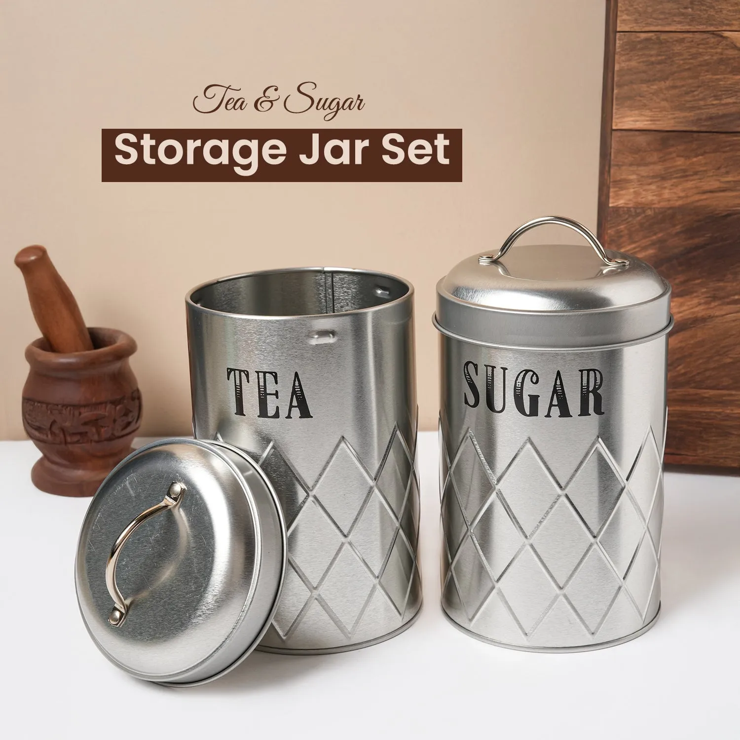 Tea & Sugar Jar Set of 2 - Golden Tin Glossy Finish - Detailed Feature View 1