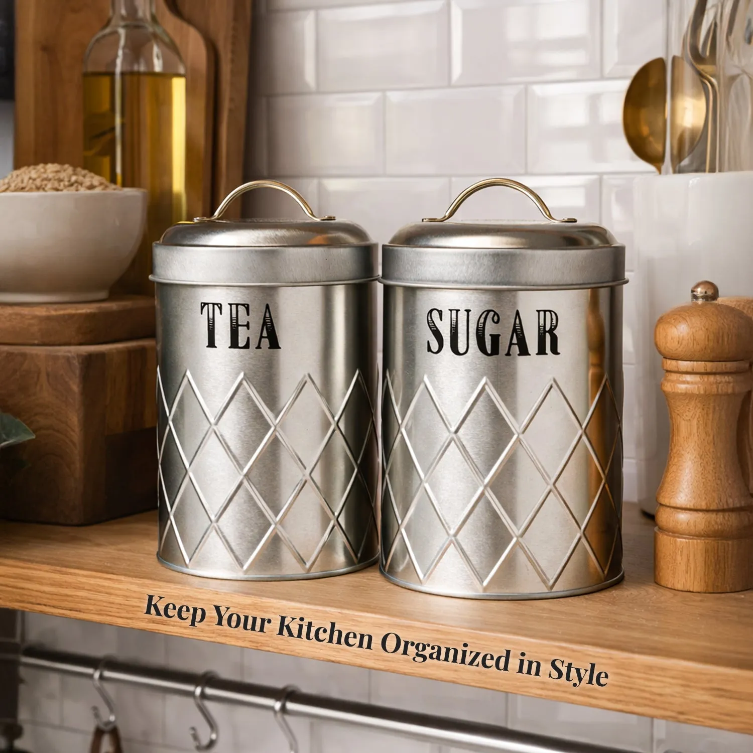 Tea & Sugar Jar Set of 2 - Golden Tin Glossy Finish - Detailed Feature View 2