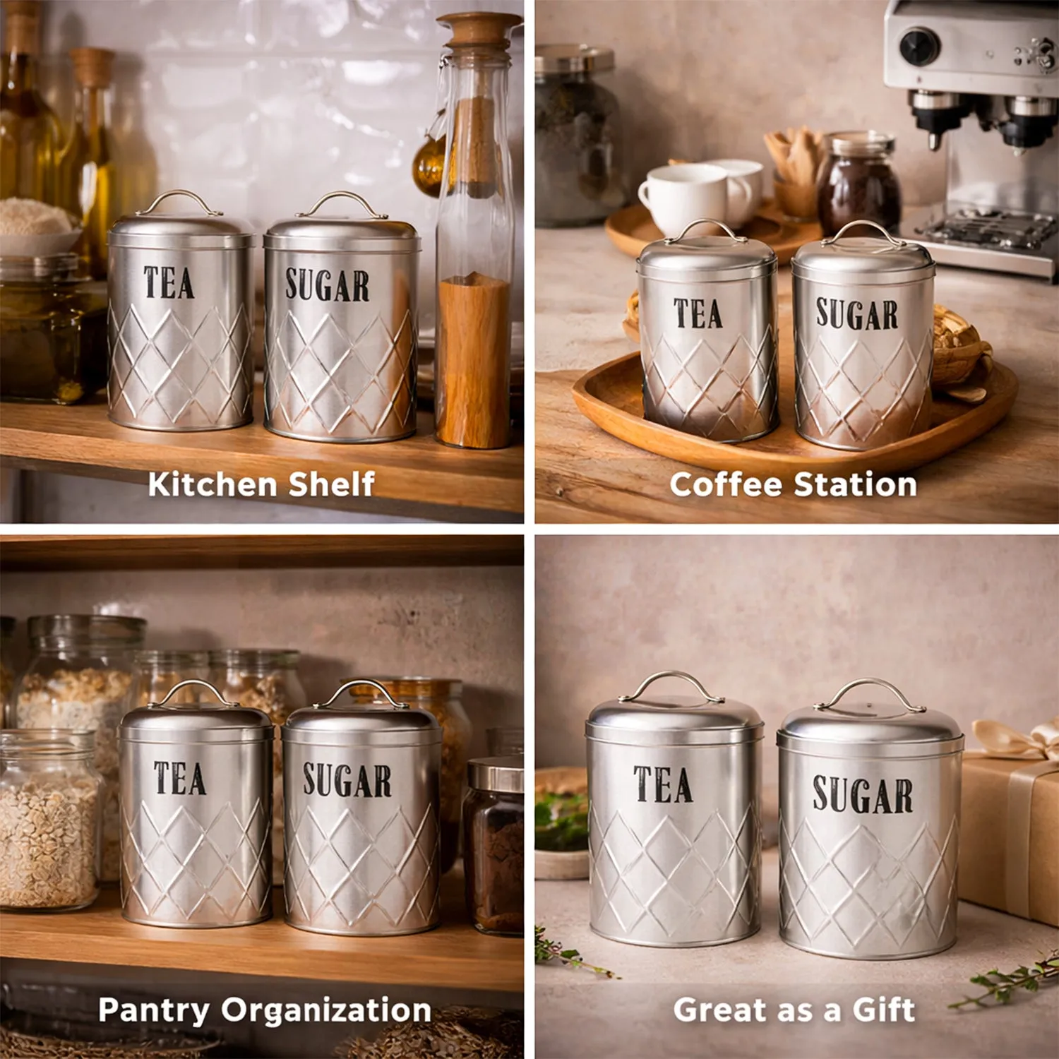 Tea & Sugar Jar Set of 2 - Golden Tin Glossy Finish - Detailed Feature View 3
