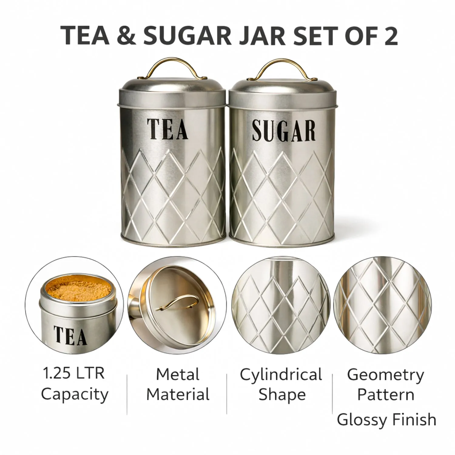 Tea & Sugar Jar Set of 2 - Golden Tin Glossy Finish - Detailed Feature View 4
