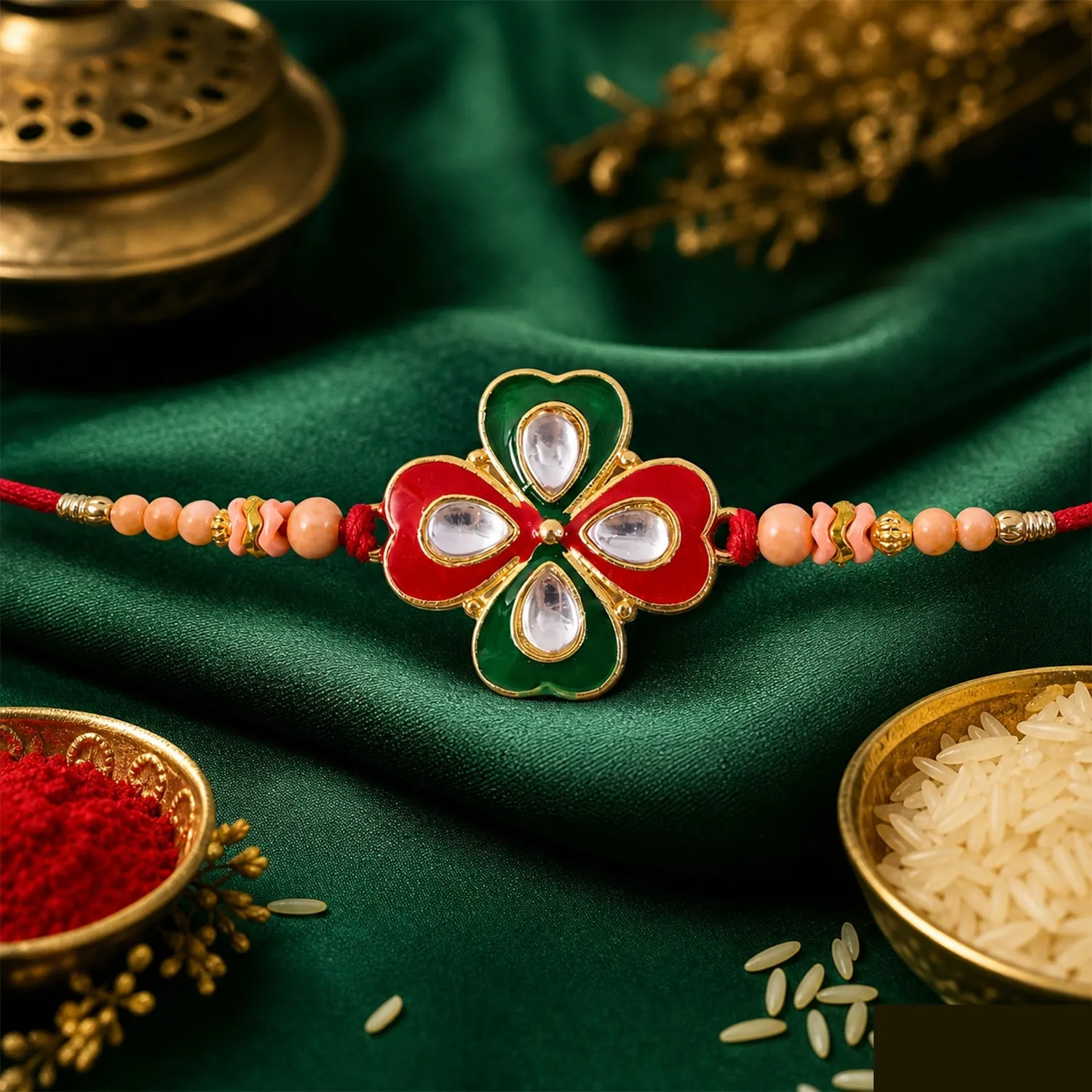 Traditional Floral Designer Rakhi with Kundan Centerpiece - Detailed Feature View 1
