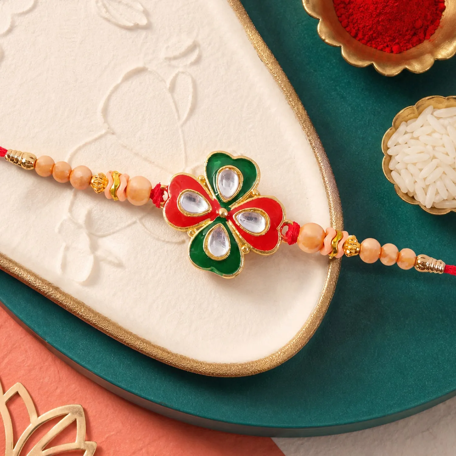 Traditional Floral Designer Rakhi with Kundan Centerpiece - Detailed Feature View 2