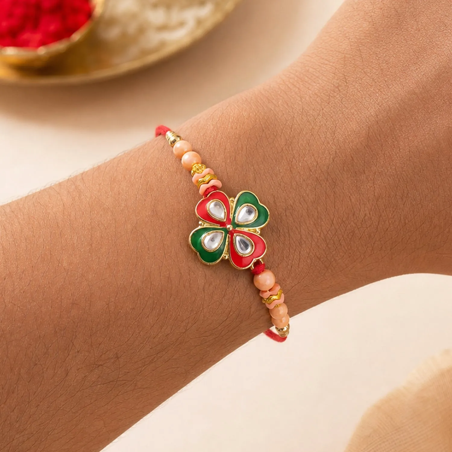Traditional Floral Designer Rakhi with Kundan Centerpiece - Detailed Feature View 3
