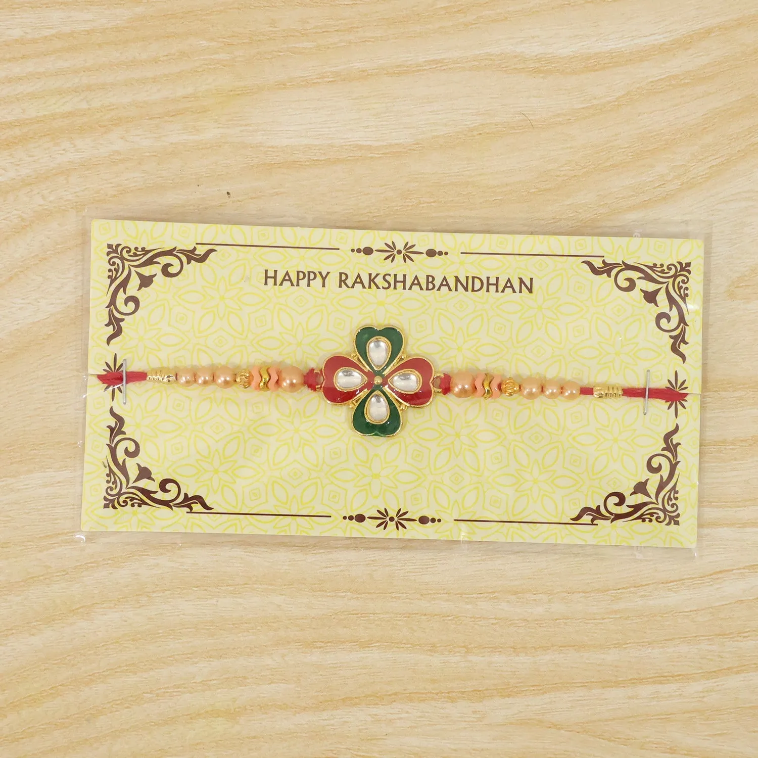 Traditional Floral Designer Rakhi with Kundan Centerpiece - Detailed Feature View 5