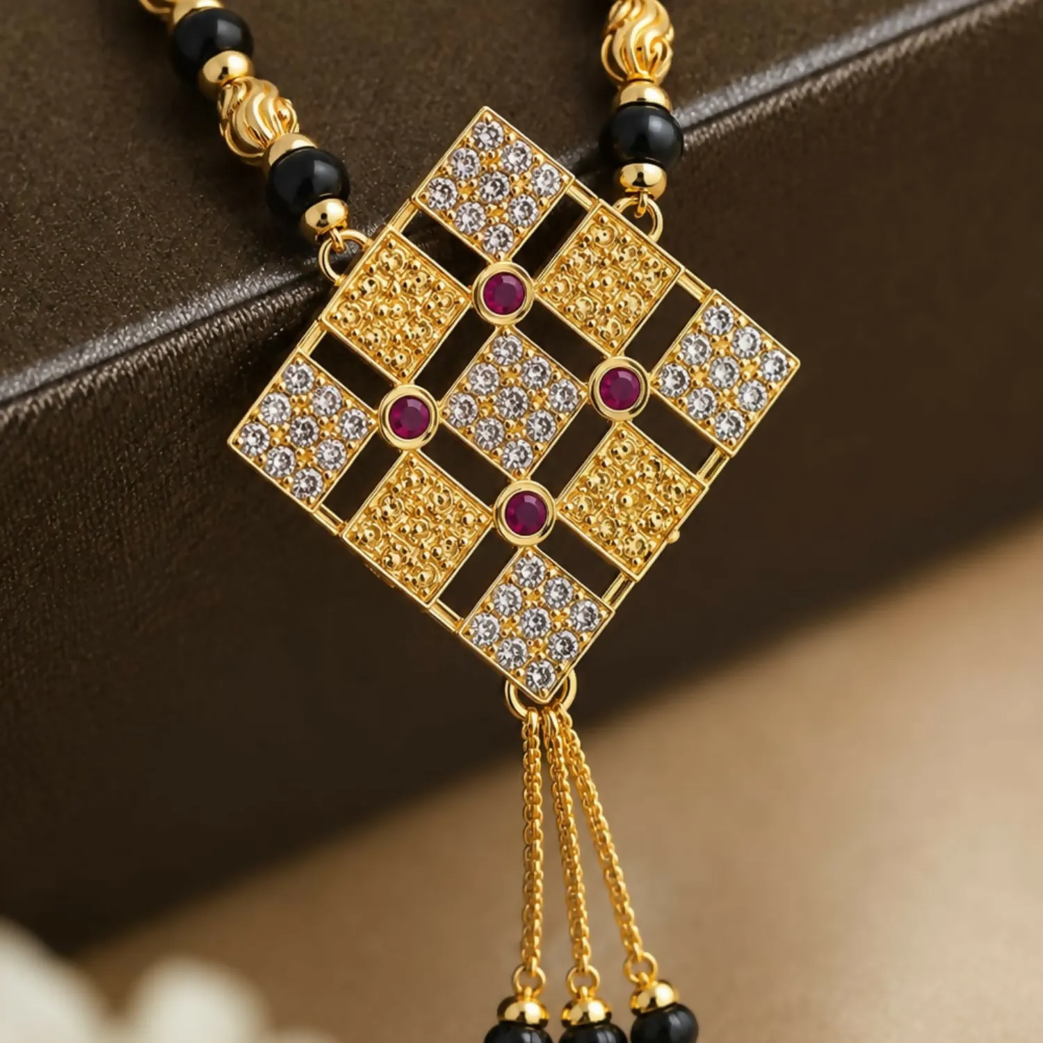 Gold Tone Designer Mangalsutra with Crystal Square Pendant for Women Ethnic Wear Set - Detailed Feature View 3