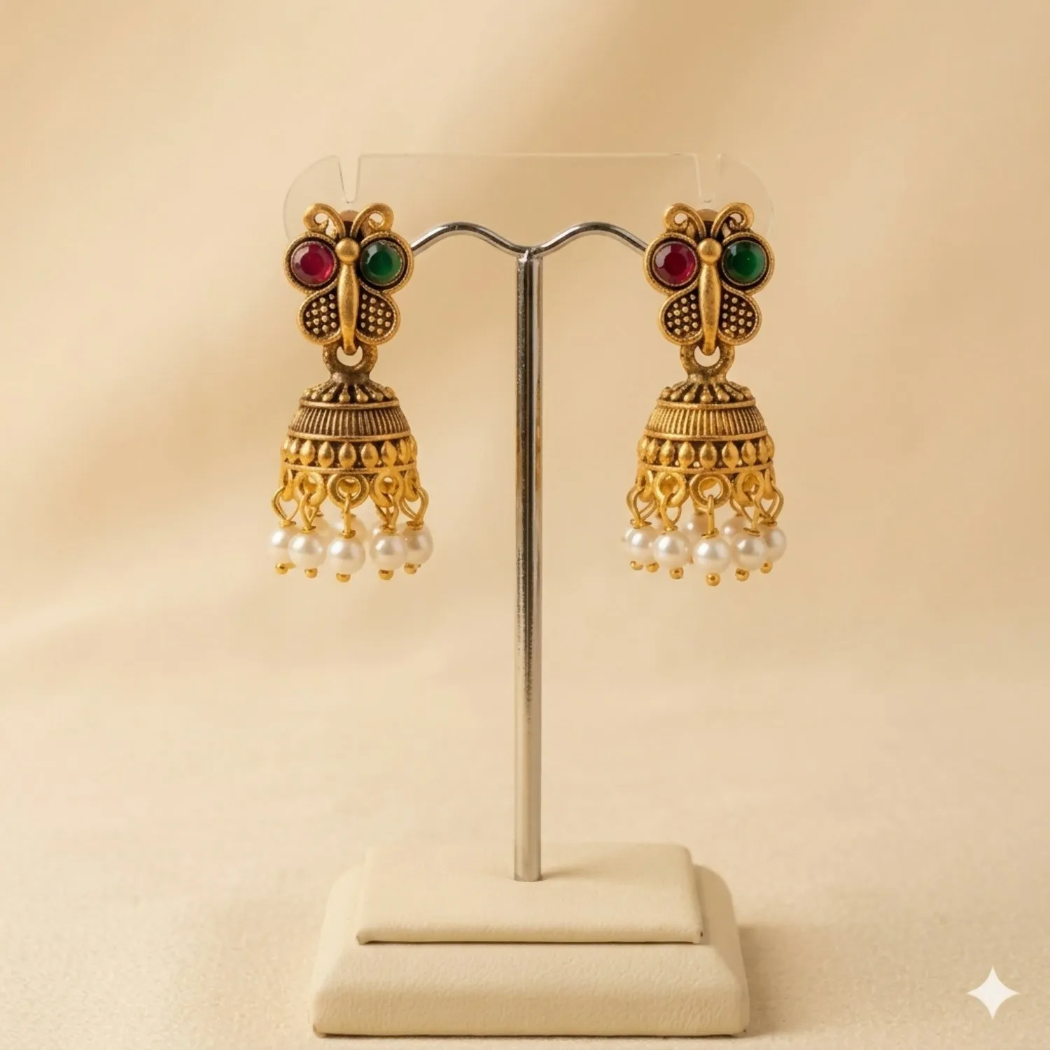 Traditional Gold Plated Butterfly Ruby Green Stone Jhumka Earrings - Detailed Feature View 1