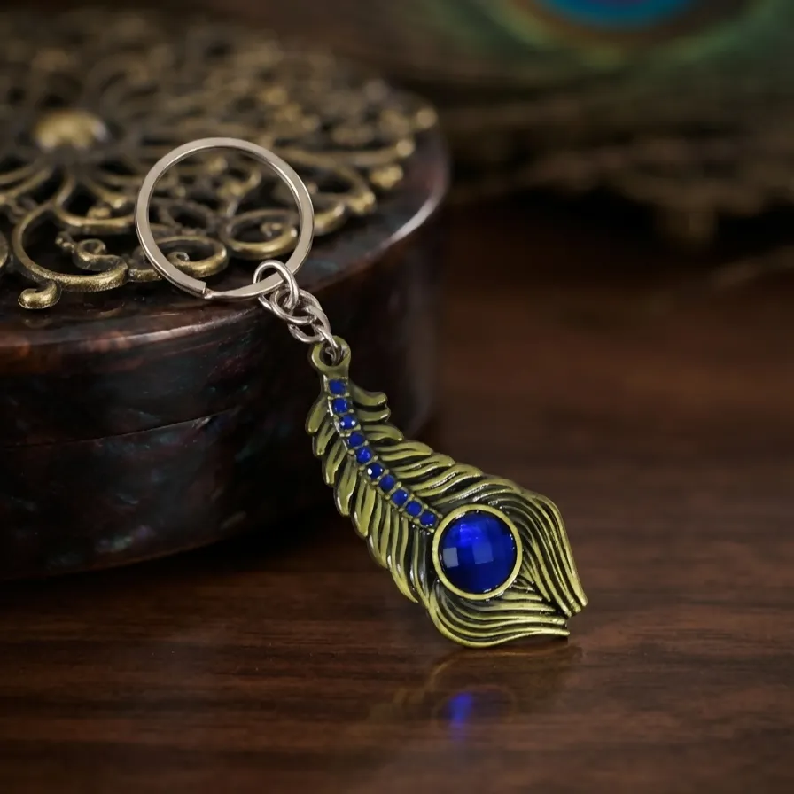 Blue Stone Peacock Feather Keychain with Silver Tone Decorative Design - Detailed Feature View 3