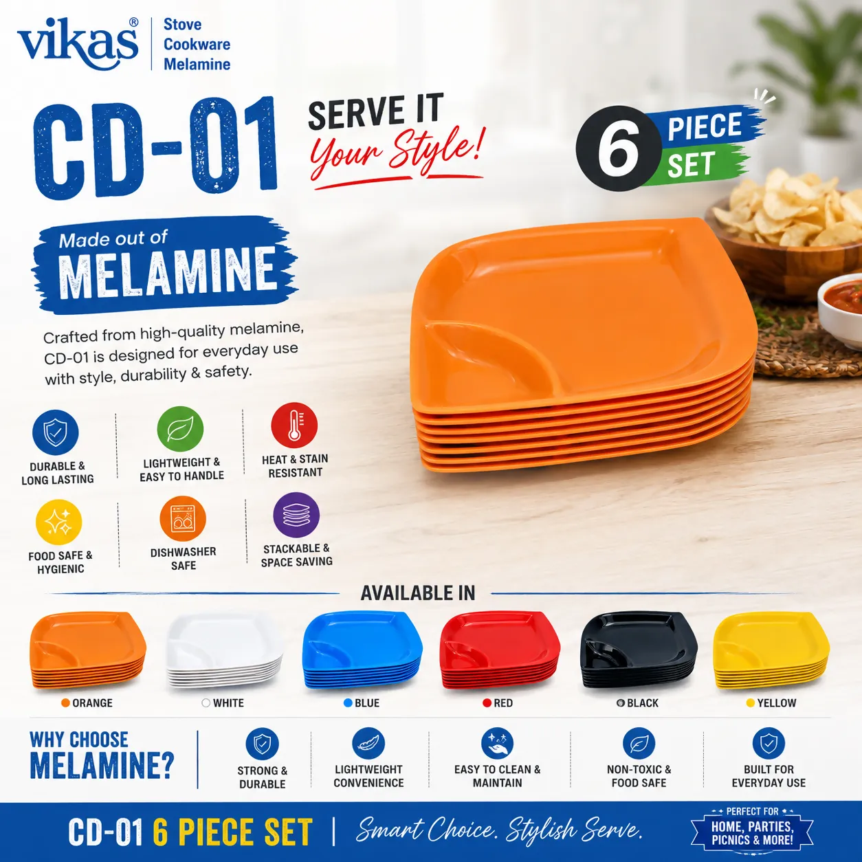 Melamine Chip & Dip Serving Tray Set – Vibrant and Durable for Anytime Snacking - Detailed Feature View 1