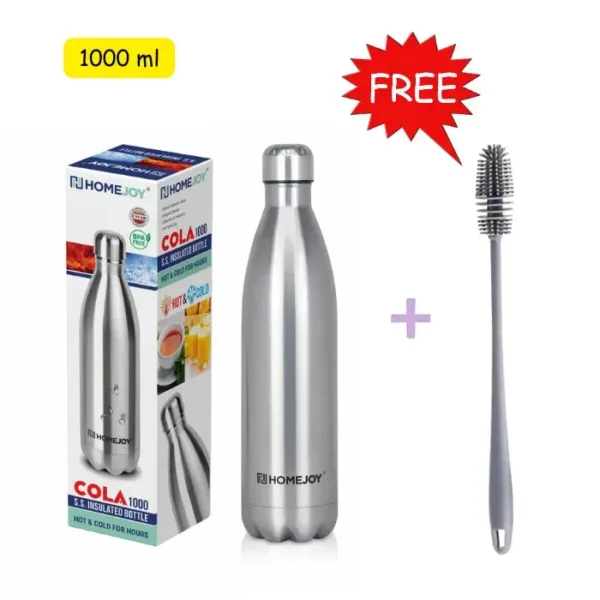 HomeJoy 1000ml Hot & Cold Cola Bottle – 12-Hour Cold Water Guarantee, Stainless Steel Water Bottle with Free Bottle Brush