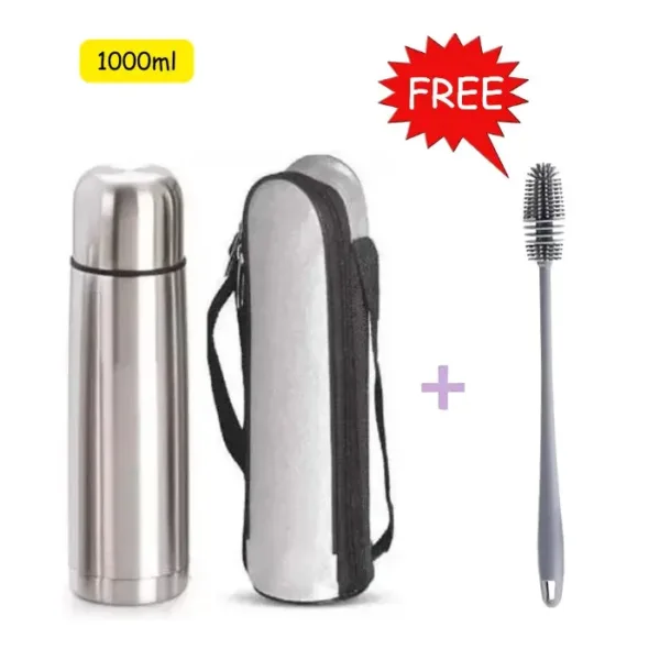 HomeJoy 1000ml Bullet Style Stainless Steel Flask with Pouch & Free Bottle Brush – 12 Hours Hot & Cold Water Guarantee (Pack of 1)