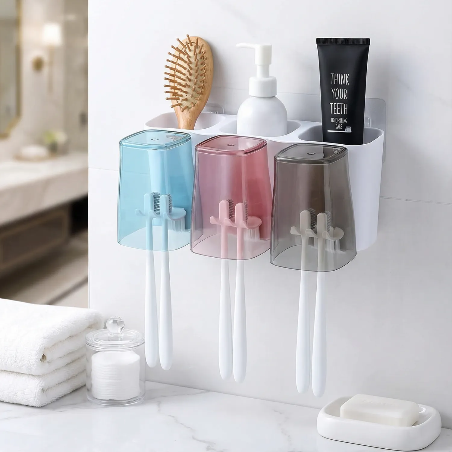 Premium Large Capacity Wall Mounted Toothbrush Holder for Bathroom | Eco-Friendly Toothbrush & Toothpaste Organizer with 3 Square Cups - Buy Online at Alikart